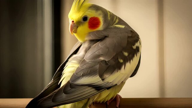 A vibrant cockatiel preening its feathers on a sunny windowsill