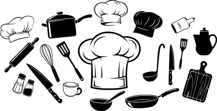 Vector illustration of chef hats cooking utensils and kitchenware elements in black and white
