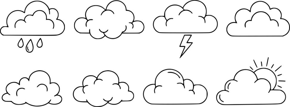 Set of six simple hand drawn outlined clouds for weather and climate related designs
