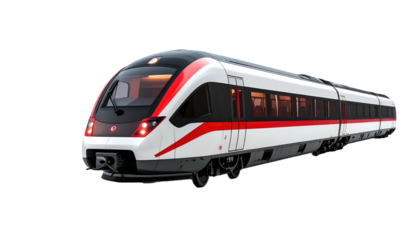 Sleek, modern white train with a bold red stripe, set against a stark black background