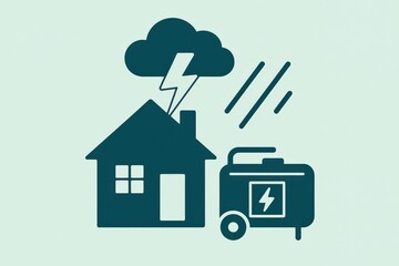 Iconic illustration depicting electrical disaster prevention strategies showcasing house, lightning bolt, storm cloud, and power generator symbolizing emergency preparedness across urban