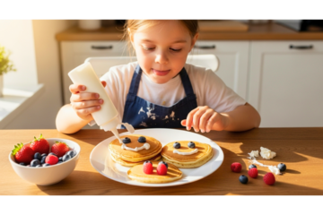 A child is decorating pancakes with whipped cream and berries in a bright kitchen setting. The scene captures the joy of cooking and creativity.