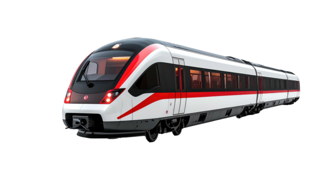 Sleek, modern white train with a bold red stripe, set against a stark black background