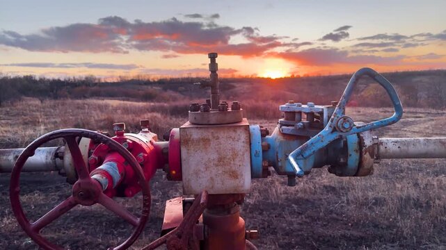 Kharkiv region, Shebelinka gas field, production at a depth of 1-2 kilometers, located in corn and sunflower fields, sunset