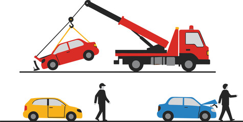 Car accident vector illustration, tow truck lifting damaged vehicle, collision aftermath with people and cars, white background for safety design reference
