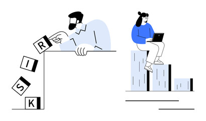 Naklejka na ściany i meble Man tipping risk blocks over edge contrasts with woman on bar graph using a laptop. Ideal for risk management, business growth, strategy, decision-making, leadership, innovation, change. Simple flat