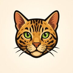 Bengal Cat Cartoon Logo &ndash; Spotted Orange Cat Face. Green Eyes. Cute Vector Mascot. Generative AI.