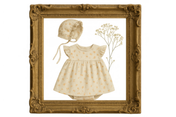 Vintage baby bonnet and dress set with floral print inside gold antique frame, transparent background