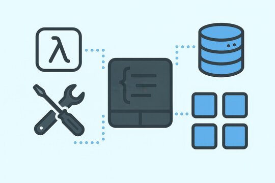 Comprehensive integration of development tools showcasing lambda symbol application combined with database architecture and dynamic data management techniques in a cohesive format
