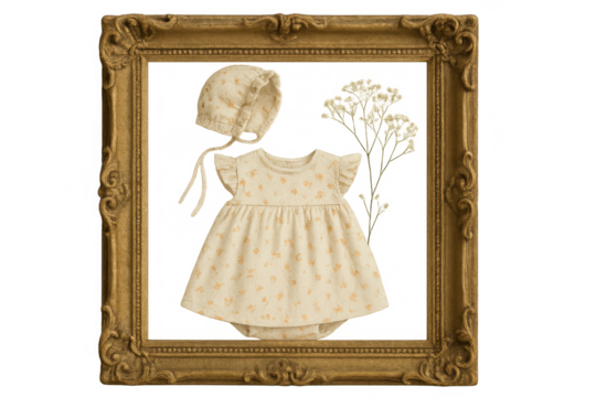 Vintage baby bonnet and dress set with floral print inside gold antique frame, transparent background