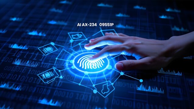 Cyber security system and data protection concept. Man using fingerprint scanning access data with data center as background, biometric identity, data encryption for network security of cyber attack 