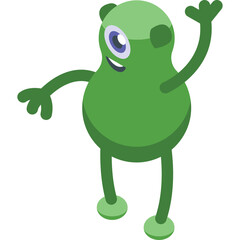 Green cartoon alien character with one eye and waving arm in a whimsical pose on a transparent background a cute and friendly extraterrestrial creature for playful designs