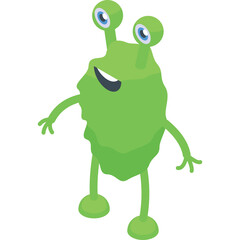 Green Cartoon Alien Creature With Big Eyes And Two Antennae Standing On Its Two Legs With Transparent Background