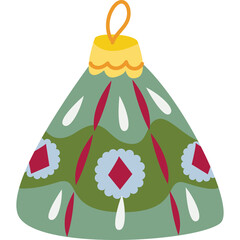 Green Christmas Ornament With Red And Blue Geometric Patterns And Yellow Cap Isolated On Transparent Background Festive Decoration