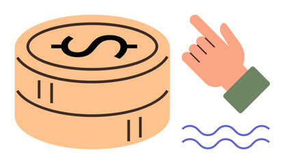 Hand pointing to stacked coins with a dollar icon and wavy lines for flow representation. Ideal for finance, investment, decision-making, economy, wealth management, savings, digital payments. Simple