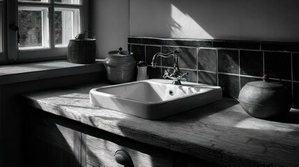 A grayscale image of a rustic sink area