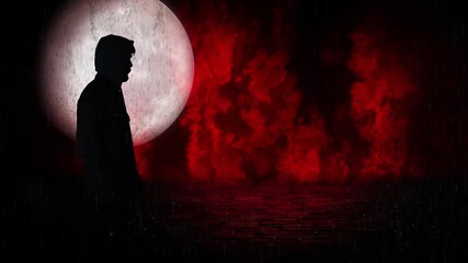 Hooded Silhouette Red Melting World 4K Loop features the silhouette of a hooded man moving slightly with a full moon behind him in a red dripping atmosphere in a loop. - Powered by Adobe