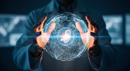 Scientist cradles glowing embryo within digital network globe, symbolizing life science innovation
