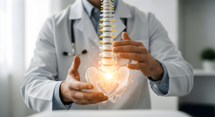 Doctor showcases human spine and pelvis, highlighting health and care