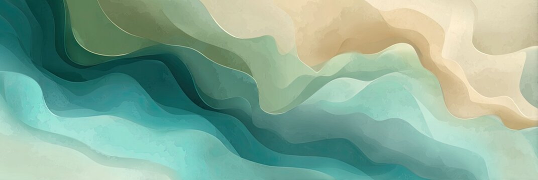 Abstract watercolor art with wavy layers of teal, green, and beige hues - Powered by Adobe