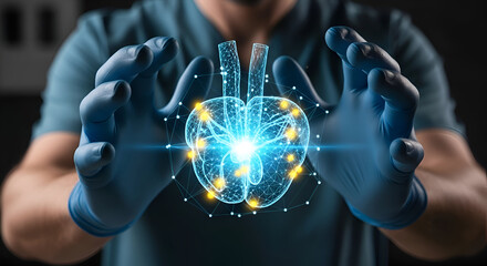 Scientist holding glowing digital brain network, future medical innovation concept