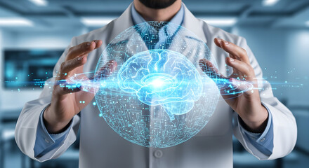 Professional scientist manipulates glowing futuristic brain hologram in modern lab