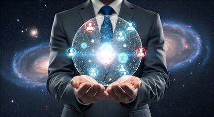 Man holds glowing sphere connecting people icons against cosmic galaxy backdrop