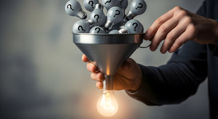 Transforming questions into brilliant ideas through a funnel, sparking innovation