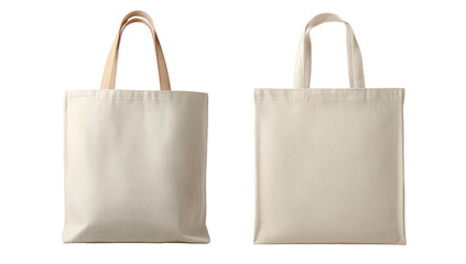 Two off-white cloth tote bags with tan handles on a black background, one slightly angled, shown in front and back