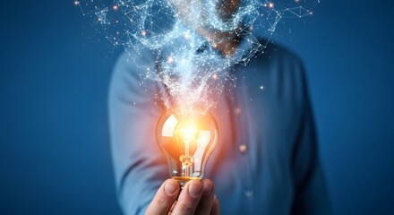 Brilliant idea sparks from hand holding glowing lightbulb, digital network above