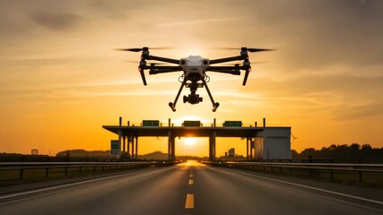 Dynamic drone footage capturing stunning golden sunset over highway tollbooth, modern aerial technology in motion - Powered by Adobe