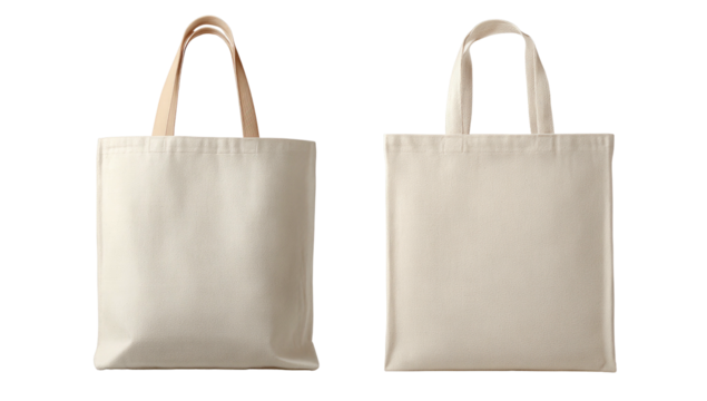 Two off-white cloth tote bags with tan handles on a black background, one slightly angled, shown in front and back