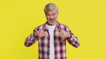 Mature man asking for donations with sincere request expression. Guy gestures with hands pointing down, calling for support for an initiative or project help donations, emotions of gratitude and hope