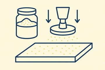 Innovative visual representation of culinary technique showing a jar of powdered seasoning alongside an elegant apparatus for evenly dispensing flavor granules onto a blank canvas for gourmet