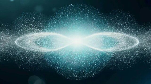 A cosmic particle explosion forming an infinity symbol and expanding sphere in bright cyan and white light. Excellent futuristic, abstract, and technology background.