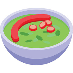 Green pea soup with sliced sausage and a whole sausage in a light purple bowl a top down isometric view with a transparent background