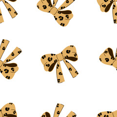 Seamless brown leopard bow pattern on white background. Vector illustration for printing. Cute baby background for girls