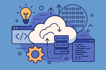 Cloud Computing and Data Technology Illustration with Coding, Binary, and Innovation Icons