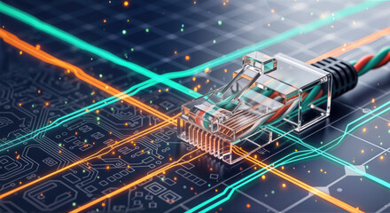 Data connector with orange and teal wiring on circuit board background featuring glowing lines and digital elements. Data connection illustrated with detailed components of an RJ-45 connector,