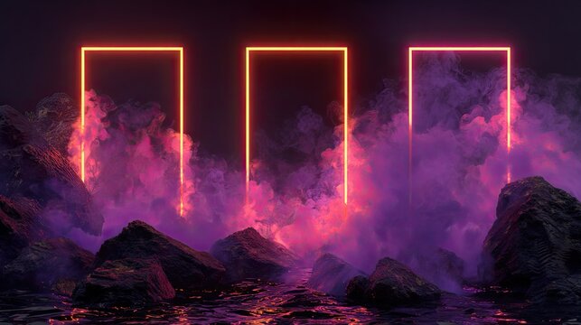 Neon Pink Glowing Frames In Dark Mountains Landscape