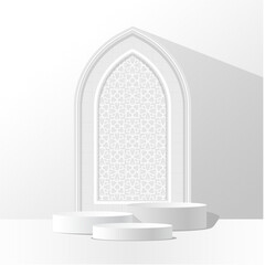Minimal Islamic Arch Podium Background with 3D Stage and Floral Geometric Pattern, White Elegant Abstract Interior Design for Product Display, Ramadan, or Luxury Modern Decoration