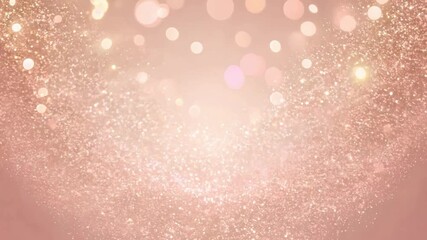 A large, gentle heart shape forming from shimmering pink-gold glitter particles and soft bokeh on a subtle pink/beige background. Ideal for love, romance, and Valentine's Day. - Powered by Adobe