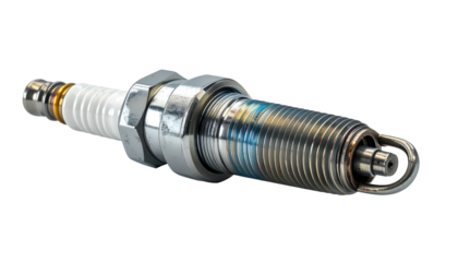 Spark plug shown in detail, bright silver metal with a white ceramic insulator, on dark backdrop