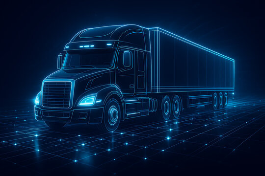Futuristic Neon Blue Semi Truck on Digital Grid Representing Modern Transportation Technology - Powered by Adobe
