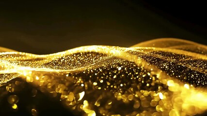 A close-up, intense, and luxurious wave of dense golden particles with large foreground bokeh flows dynamically across a dark background. Great for high-end cinematic titles.