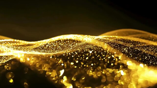 A close-up, intense, and luxurious wave of dense golden particles with large foreground bokeh flows dynamically across a dark background. Great for high-end cinematic titles.