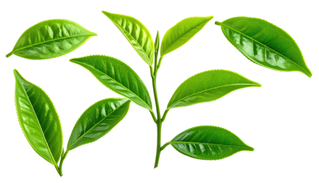 Fresh green leaves scattered on a black background, vibrant with healthy texture and natural luminosity