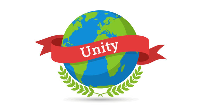 Stylized Earth globe with a red ribbon displaying 'Unity' text, encircled by a green laurel wreath, on a white background.