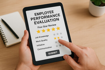 Hands holding tablet with employee performance evaluation and star rating review interface