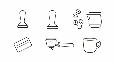 Vector outline icon set of coffee essentials tampers, portafilter, coffee beans, milk jug, and cup. Ideal for barista guides, cafe menus, and beverage branding